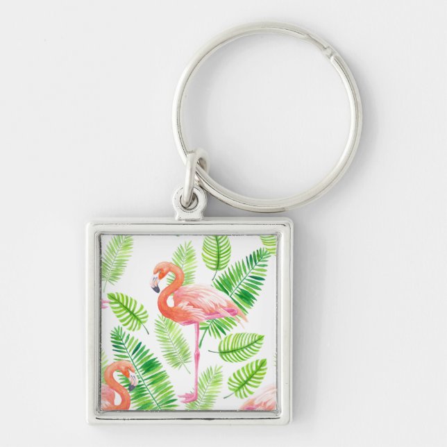 Flamingos and tropical leaves keychain (Front)