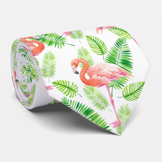Flamingos and tropical leaves neck tie (Rolled)
