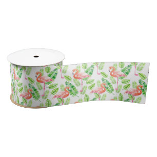 Flamingos and tropical leaves satin ribbon