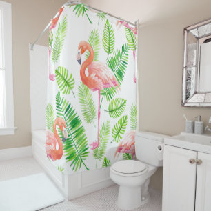Flamingos and tropical leaves shower curtain