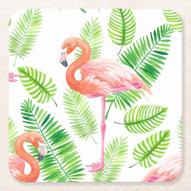 Flamingos and tropical leaves square paper coaster (Front)
