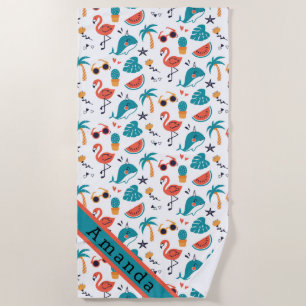 Flamingos and Unicorn Whales Beach Towel