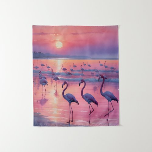 Flamingos at sunset tapestry