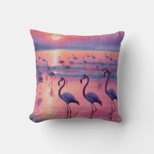 Flamingos at sunset throw pillow