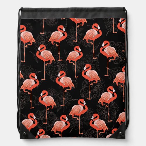 Flamingos Birds Vintage Textile Design Drawstring Bag