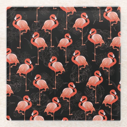 Flamingos Birds Vintage Textile Design Glass Coaster