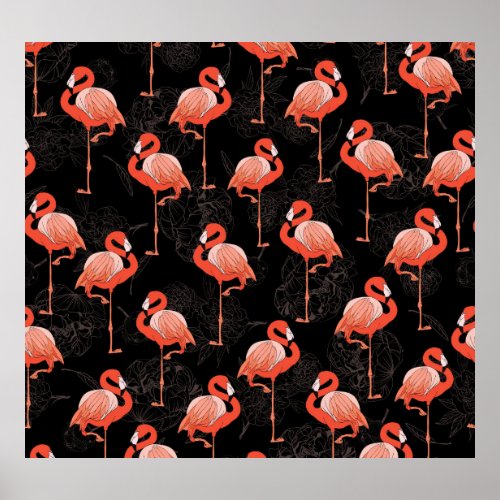 Flamingos Birds Vintage Textile Design Poster