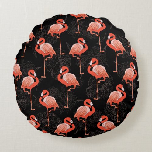 Flamingos Birds Vintage Textile Design Round Pillow