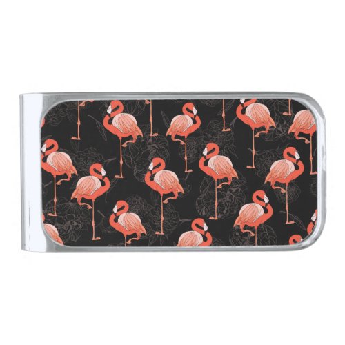 Flamingos Birds Vintage Textile Design Silver Finish Money Clip
