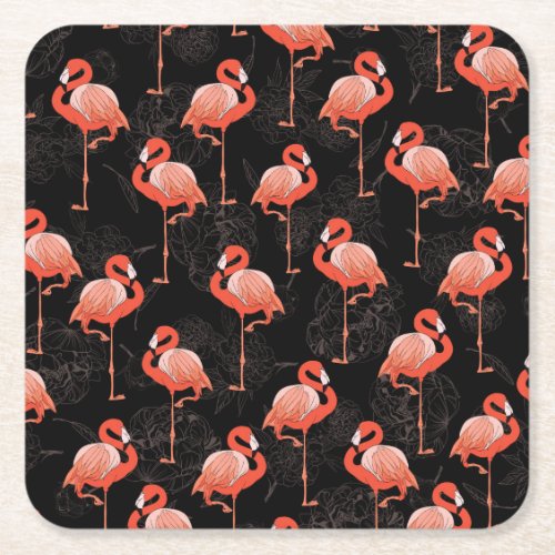 Flamingos Birds Vintage Textile Design Square Paper Coaster