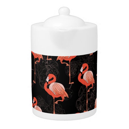 Flamingos Birds Vintage Textile Design Teapot