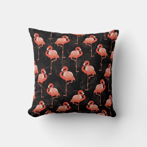 Flamingos Birds Vintage Textile Design Throw Pillow