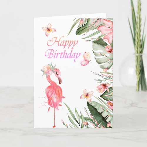Flamingos Butterflies Tropical Leaves Birthday  Card
