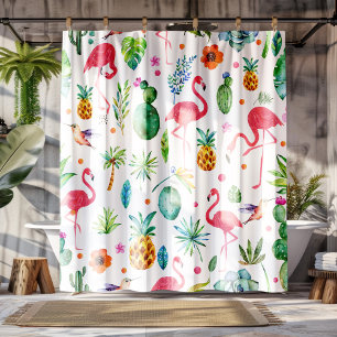 Flamingos Cactus & Pineapple Seamless Pattern Shower Curtain