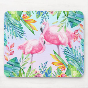 Flamingos & Colorful tropical Flowers Mouse Pad