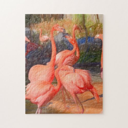 Flamingos drawing colorful jigsaw puzzle
