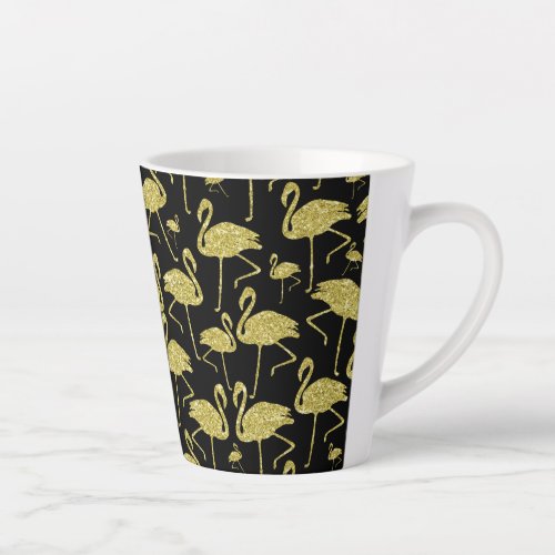 Flamingos Faux Gold On Black Background Latte Mug