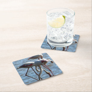 Flamingos Feeding Time Acrylic Painting Square Paper Coaster