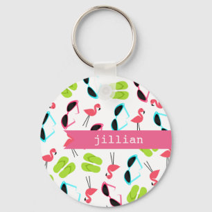 Flamingos & Flip Flops Personalized Keychain