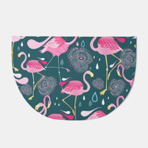Flamingos Flowers: Dark Graphic Seamless. Doormat