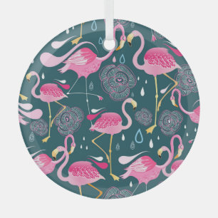 Flamingos Flowers: Dark Graphic Seamless. Glass Ornament