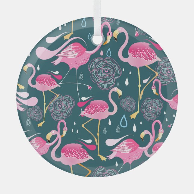 Flamingos Flowers: Dark Graphic Seamless. Glass Ornament (Front)