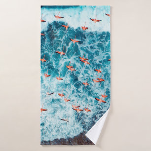 Flamingos flying on the beach of caribbean sea, Lo Bath Towel