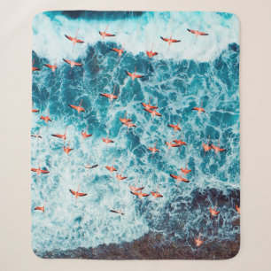 Flamingos flying on the beach of caribbean sea, Lo Sherpa Blanket