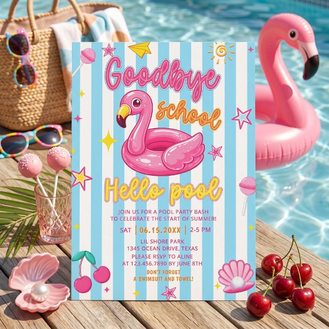 Flamingos Goodbye School Hello Pool Stripe Invite (Creator Uploaded)