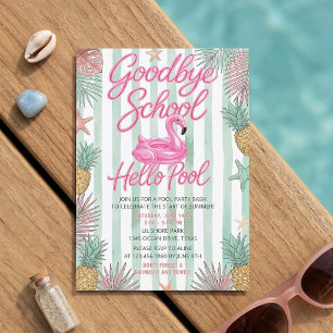 Flamingos Goodbye School Hello Pool Stripe Invite