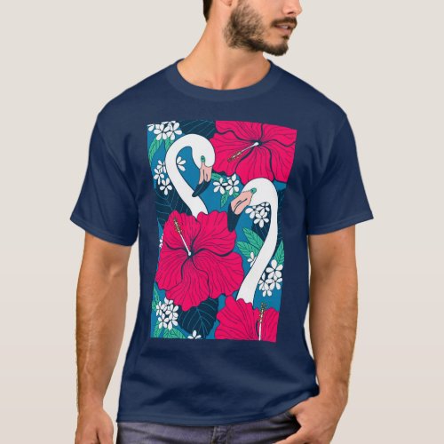 Flamingos hibiskus and tropical leaves T_Shirt