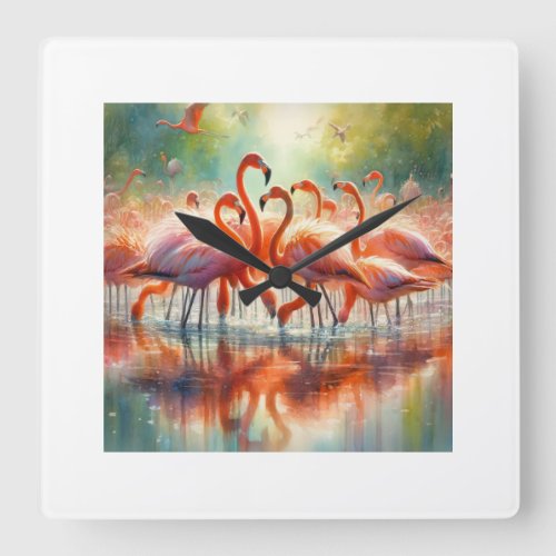 Flamingos in Harmony 030624AREF105 _ Watercolor Square Wall Clock