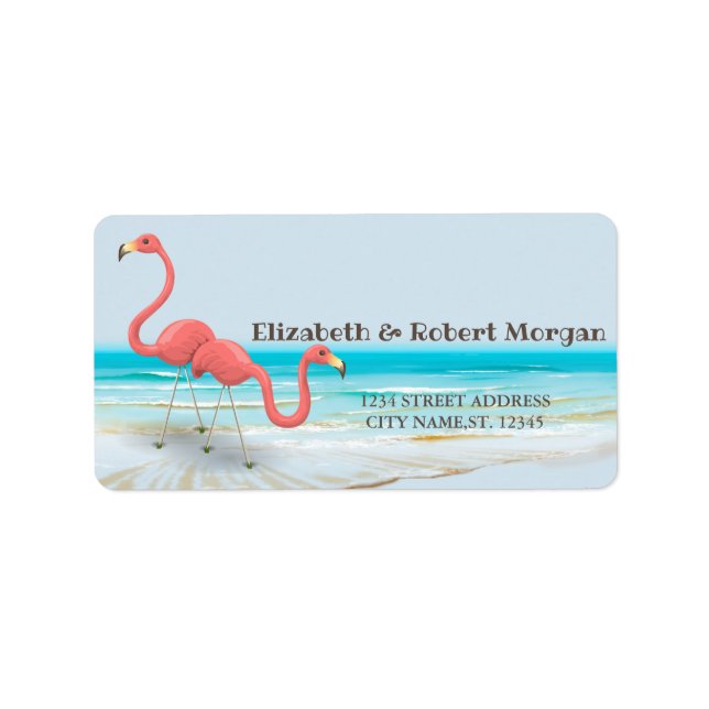 Flamingos In Love, Beach   Wedding Label (Front)