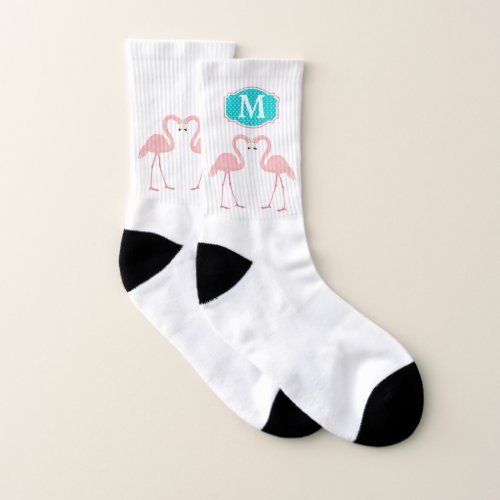 Flamingos in Love on White Monogram Socks