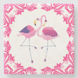 Flamingos In Love Pink Frame Stone Coaster