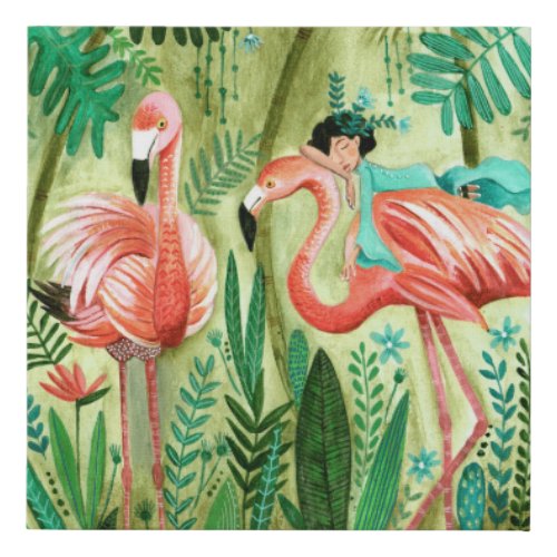 Flamingos in the tropical jungle faux canvas print
