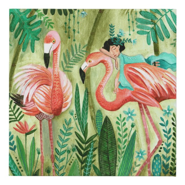 Flamingo's in the tropical jungle faux canvas print (Front)