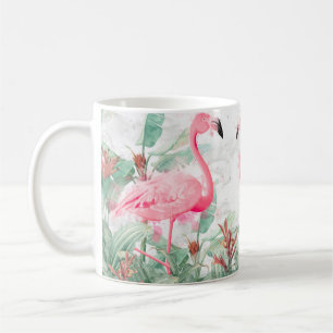 flamingos in tropical plants on a textured backgro coffee mug