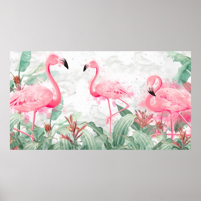 flamingos in tropical plants on a textured backgro poster (Front)