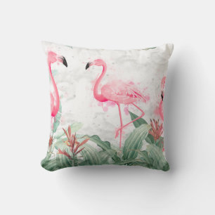 flamingos in tropical plants on a textured backgro throw pillow