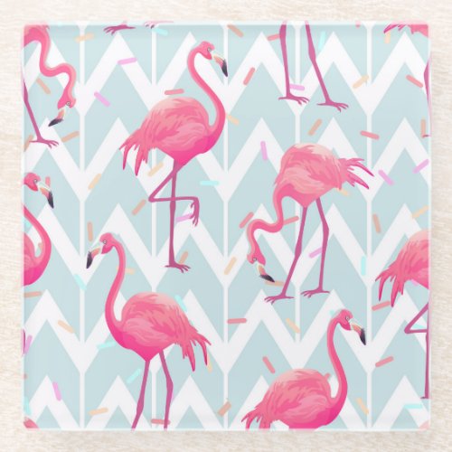 Flamingos Light Grey Vintage Tropical Glass Coaster