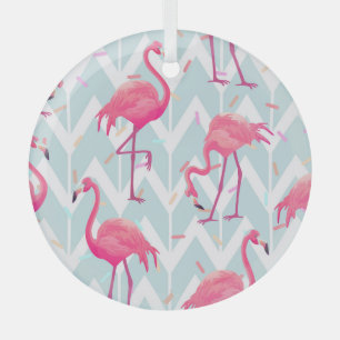 Flamingos Light Grey: Vintage Tropical. Glass Ornament