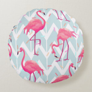 Flamingos Light Grey: Vintage Tropical. Round Pillow