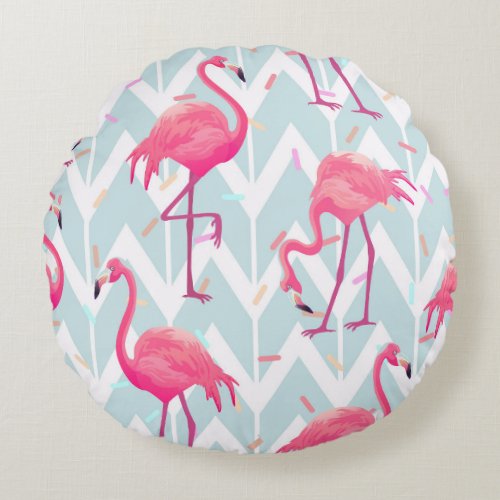 Flamingos Light Grey Vintage Tropical Round Pillow