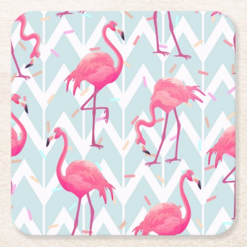 Flamingos Light Grey Vintage Tropical Square Paper Coaster