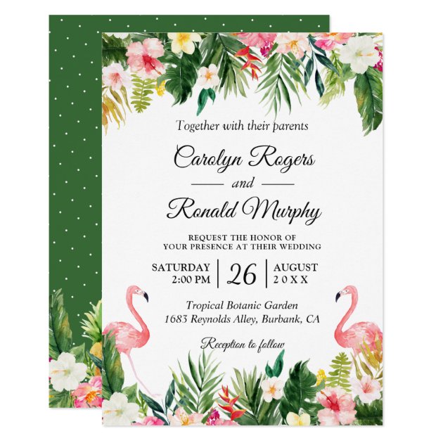 Flamingos Love Tropical Palm Leaves Floral Wedding Invitation