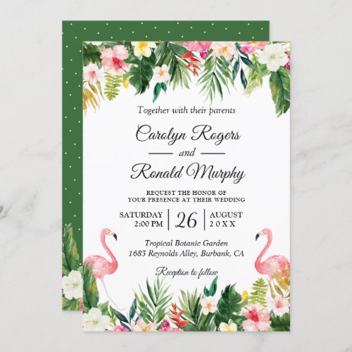 Flamingos Love Tropical Palm Leaves Floral Wedding Invitation