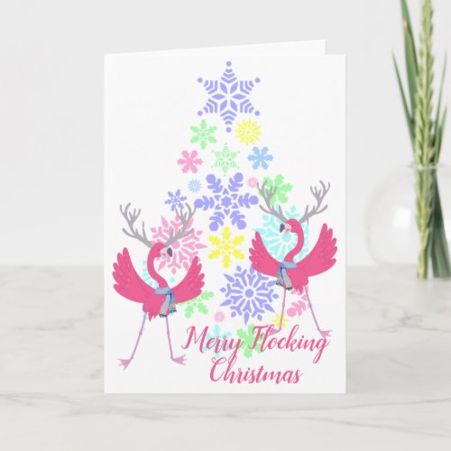 Flamingos Merry Flocking Christmas Snowflake Tree Holiday Card