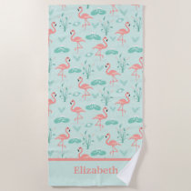 Flamingo's Monogram Tropical Bird Pink Green  Beach Towel