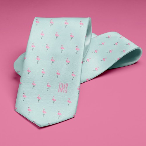 Flamingos Monogrammed Light Blue Neck Tie